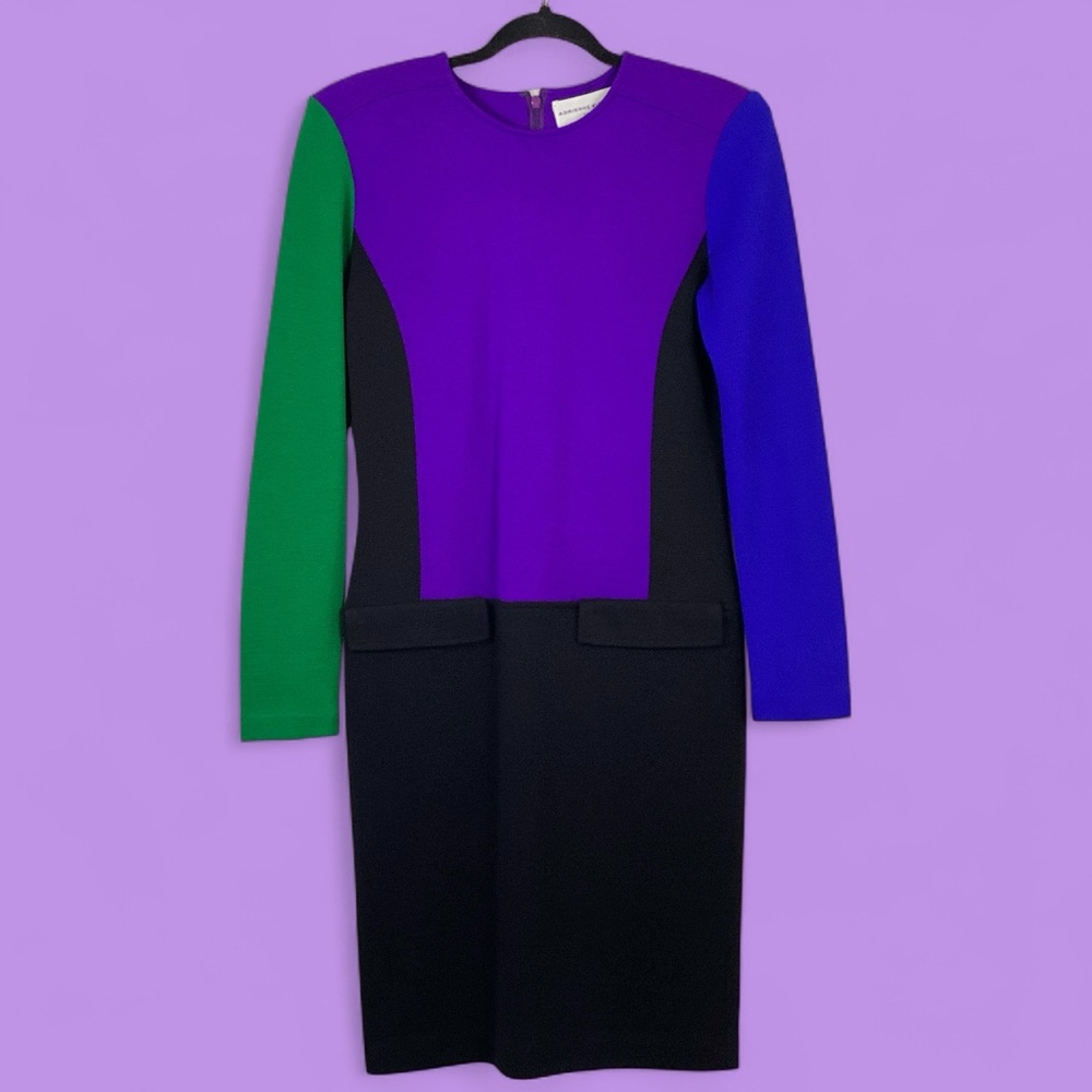 VTG Adrienne Vittadini Purple Green Black Blue Colorblock Wool Blend Dress